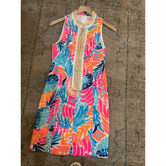 Lilly Pulitzer Mod Shift Dress Preppy Pink 2 Maui Pineapple 50's Style Fringe - Picture 3 of 8